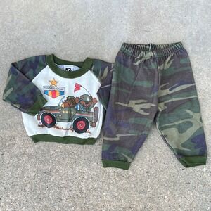 Vintage Jog Togs Boys 12M Outfit 2 Piece Set Bear Camo Army Training Camp